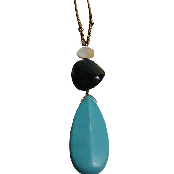 Vintage Pendant Statement Necklace Turquoise Tigers Eye MOP Gold Round Link 18In - Picture 3 of 4